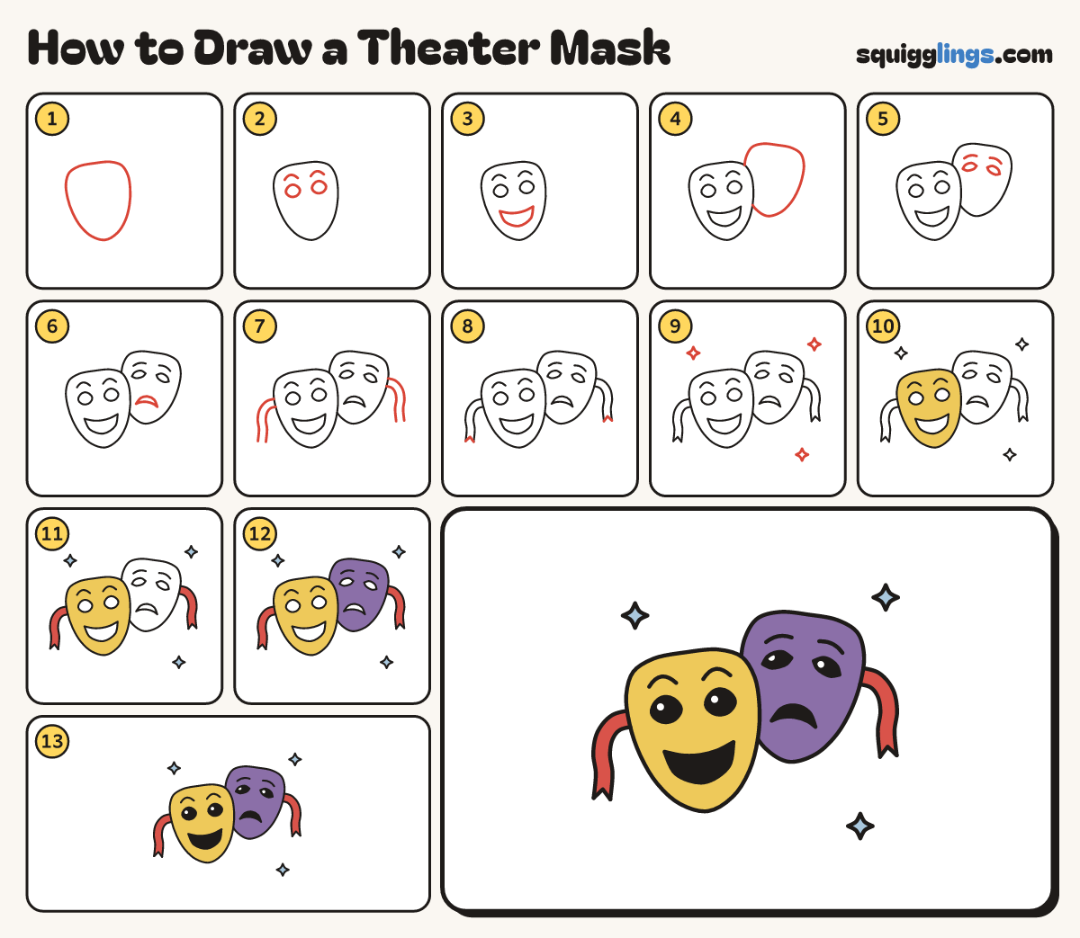 How to Draw a Theater Mask step by step: all 13 steps in one picture