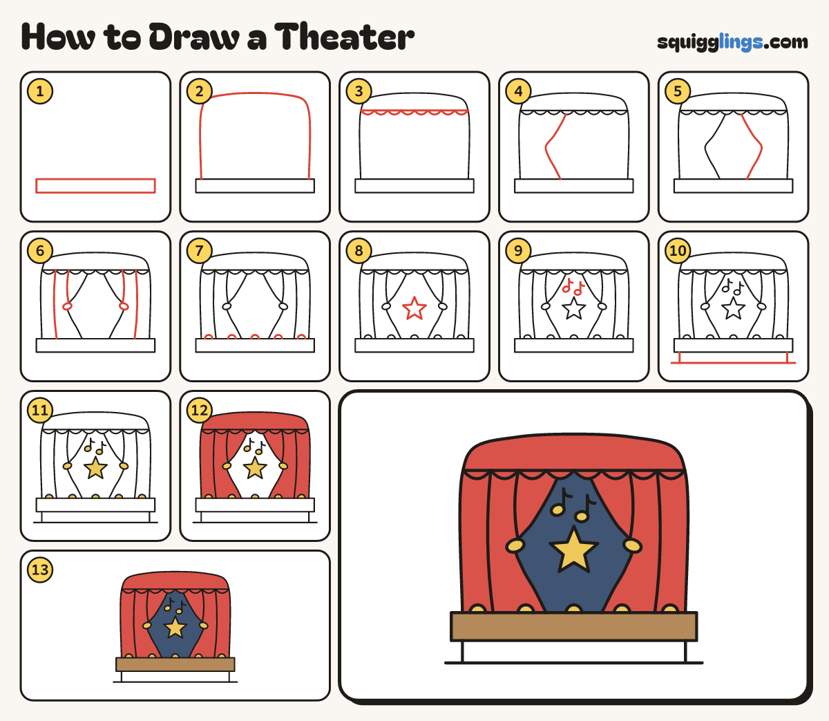 How to Draw a Theater step by step: all 13 steps in one picture