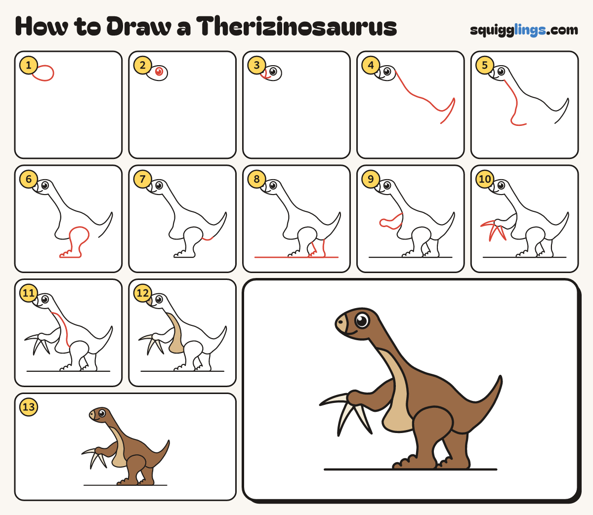 How to Draw a Therizinosaurus step by step: all 13 steps in one picture