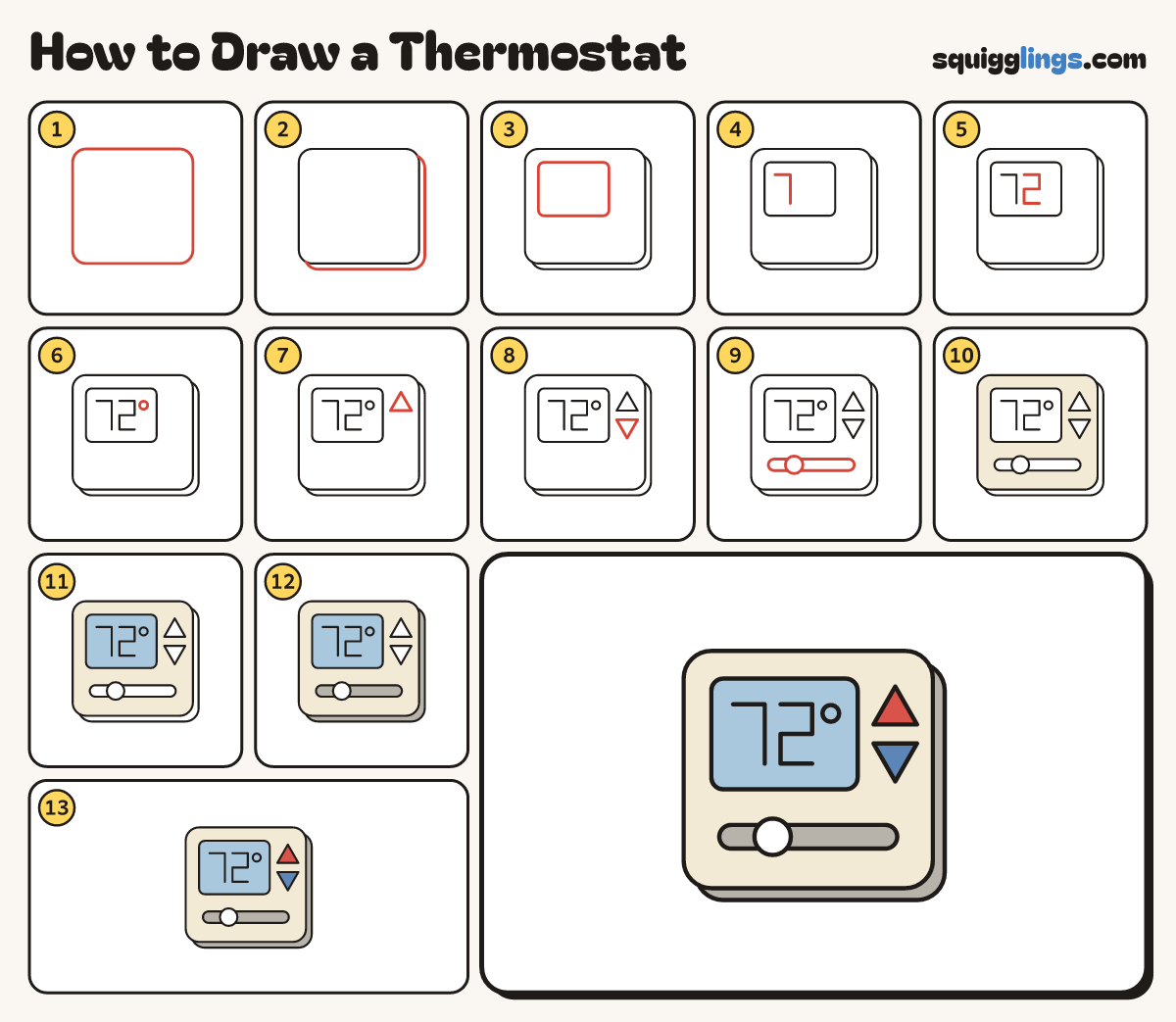 How to Draw a Thermostat step by step: all 13 steps in one picture