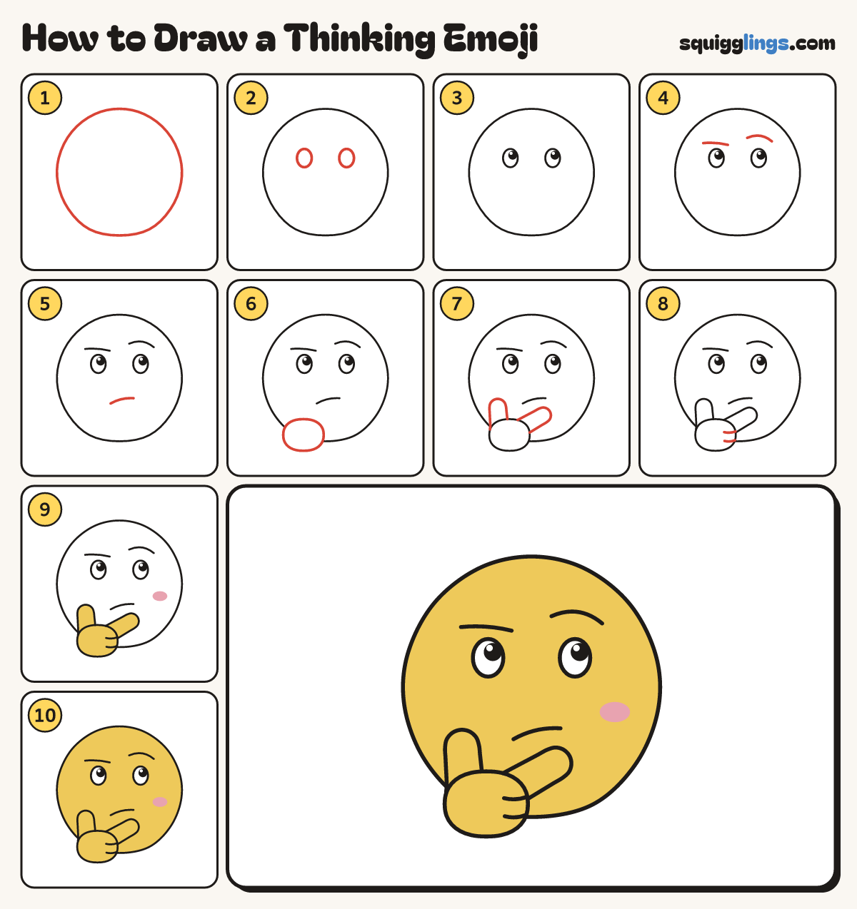 How to Draw a Thinking Emoji step by step: all 10 steps in one picture