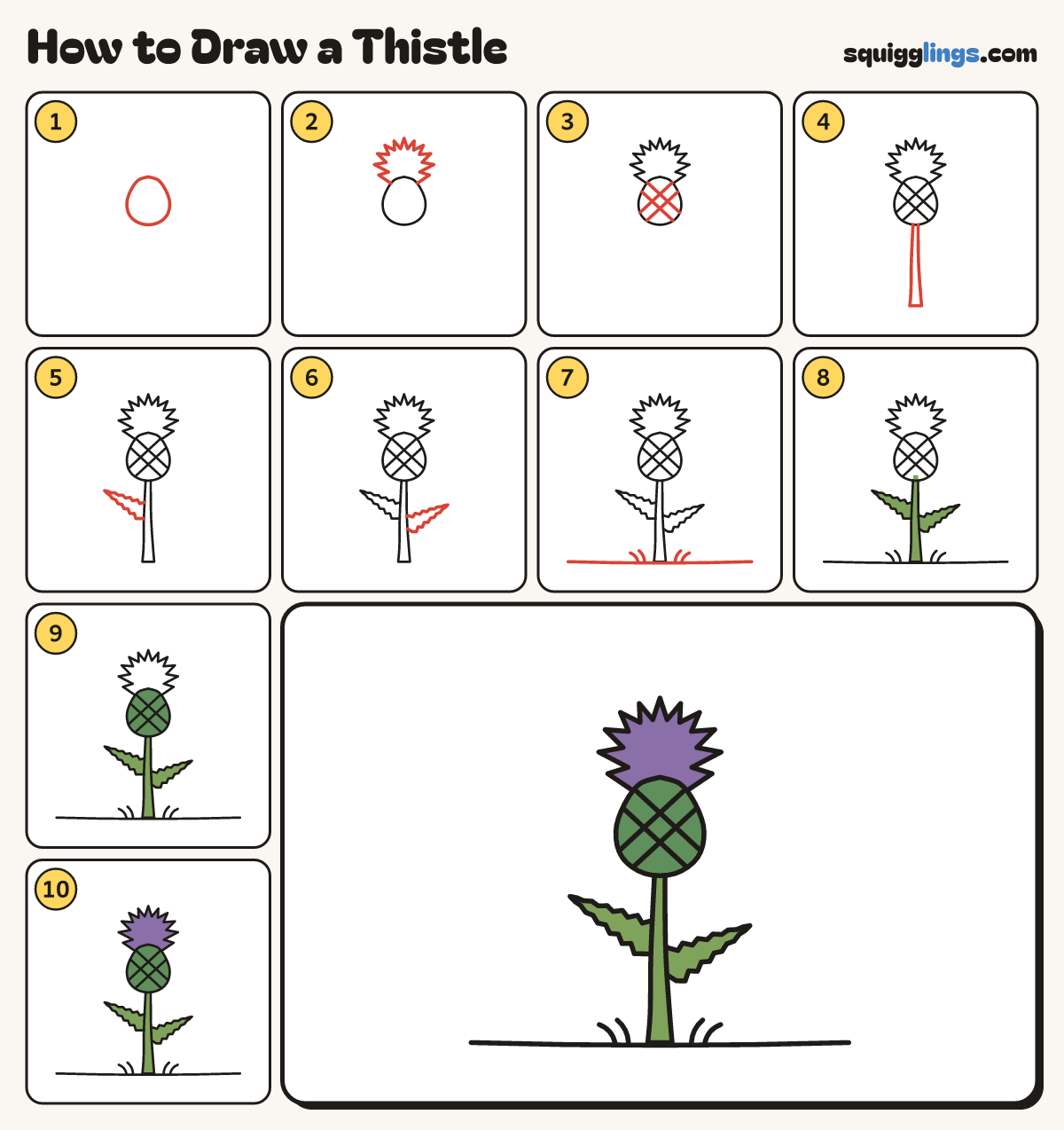How to Draw a Thistle step by step: all 10 steps in one picture