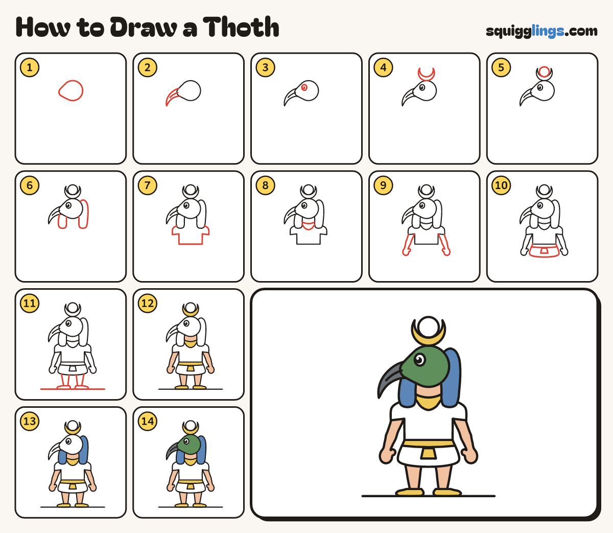 How to Draw a Thoth step by step: all 14 steps in one picture
