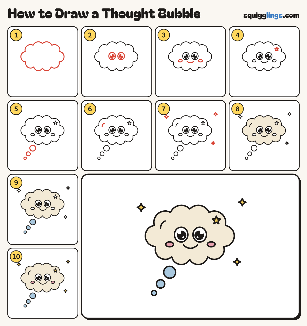 How to Draw a Thought Bubble step by step: all 10 steps in one picture