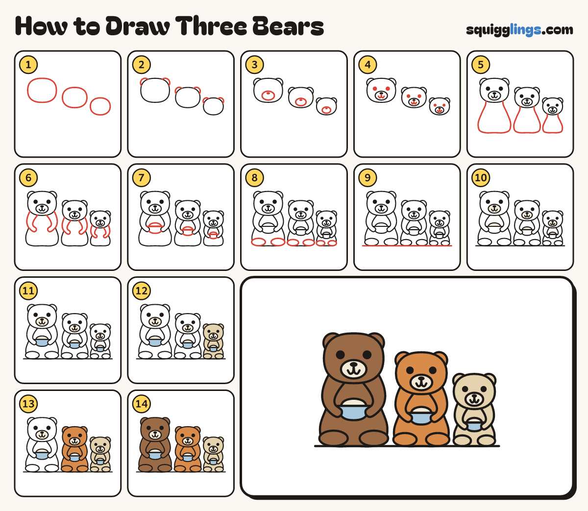How to Draw Three Bears step by step: all 14 steps in one picture