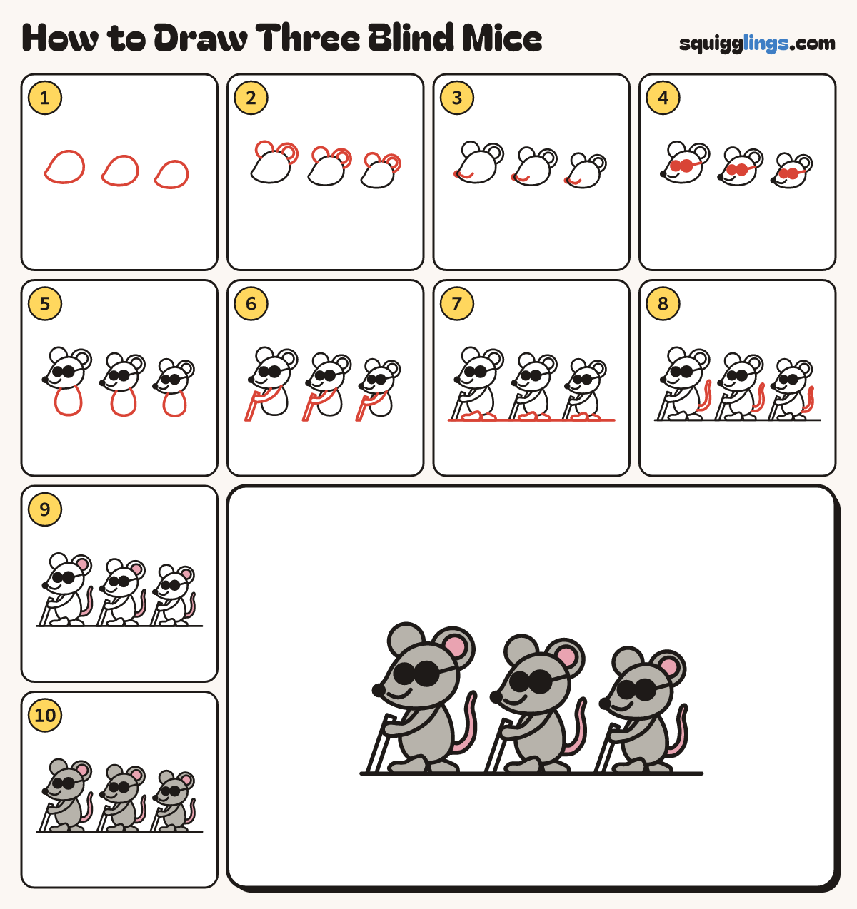 How to Draw Three Blind Mice step by step: all 10 steps in one picture