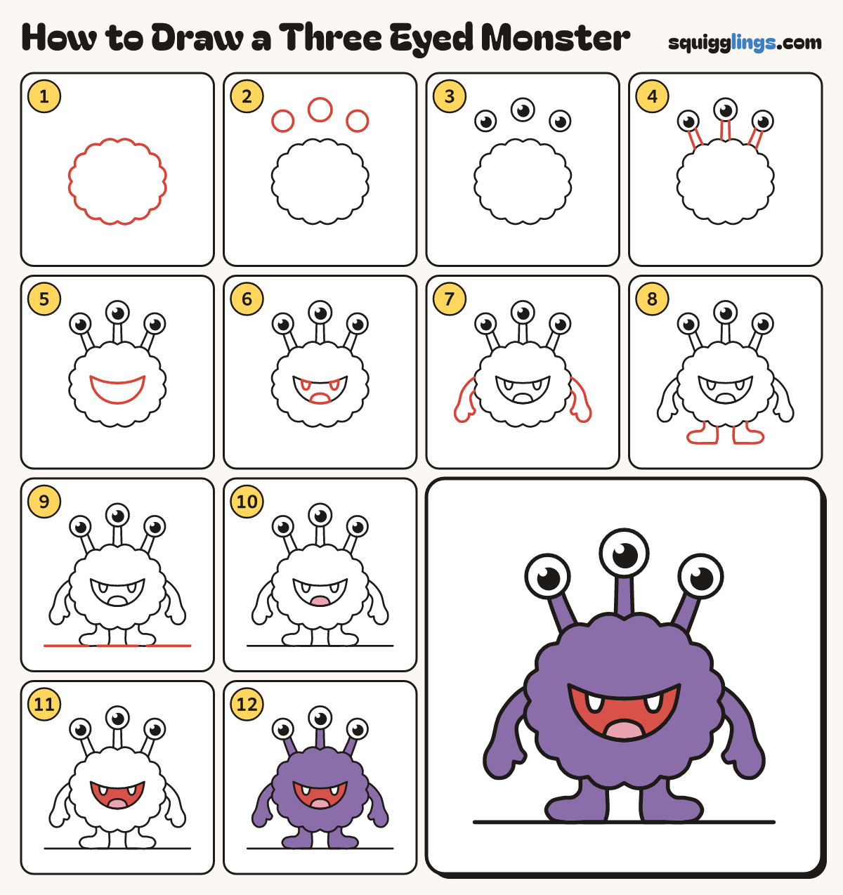 How to Draw a Three Eyed Monster step by step: all 12 steps in one picture