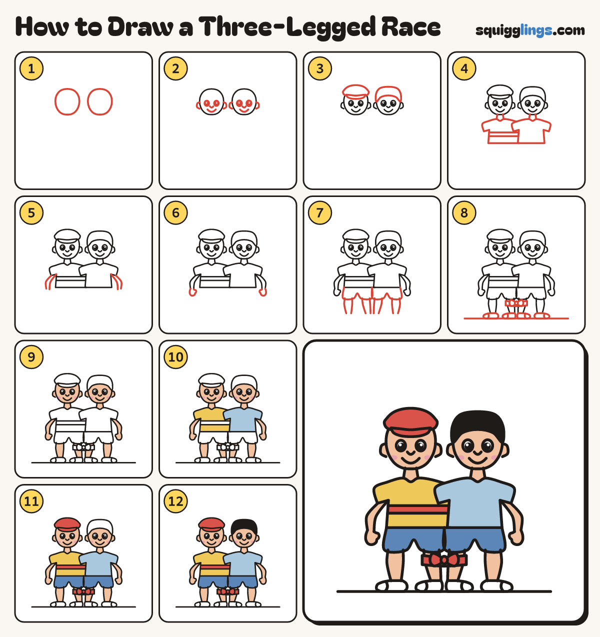 How to Draw a Three-Legged Race step by step: all 12 steps in one picture