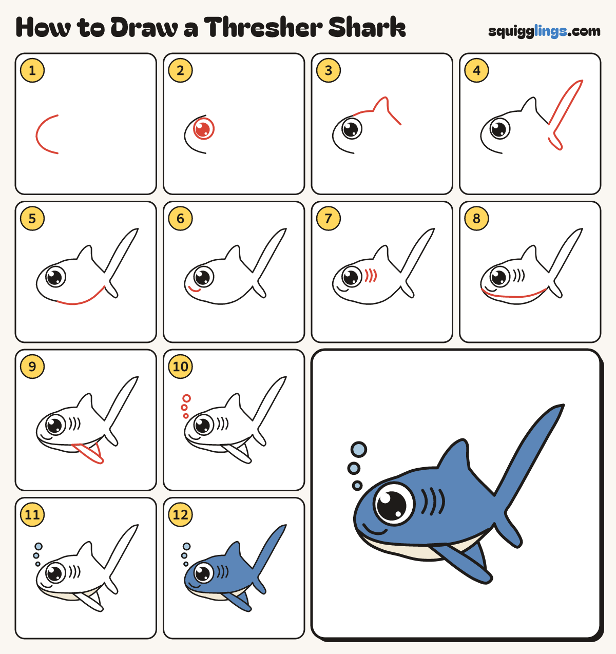 How to Draw a Thresher Shark step by step: all 12 steps in one picture