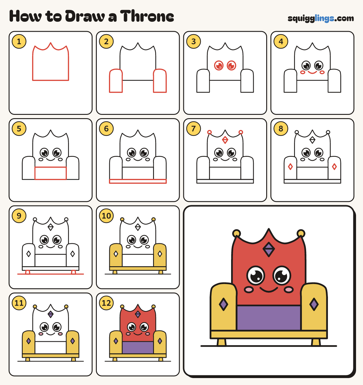 How to Draw a Throne step by step: all 12 steps in one picture