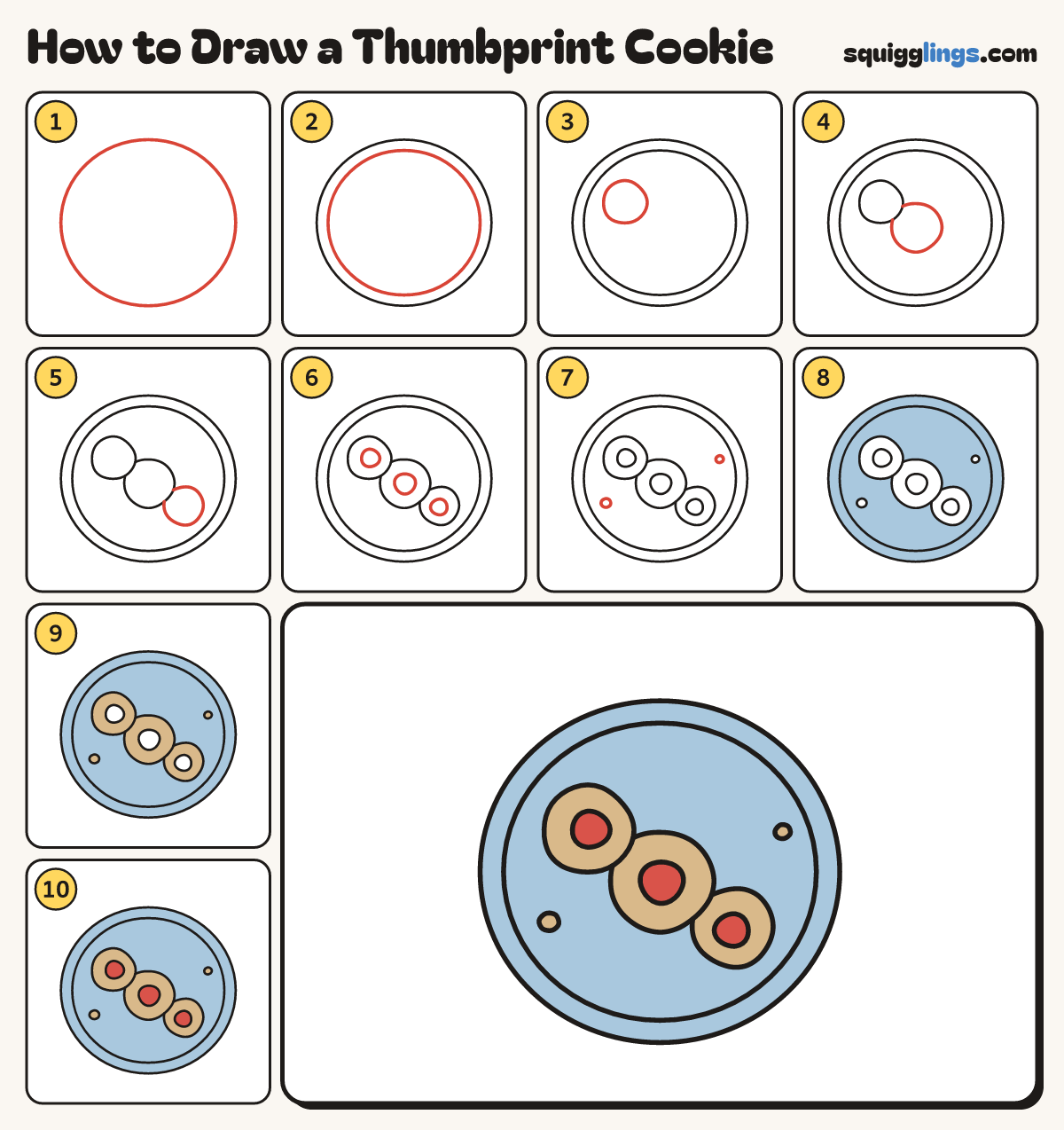 How to Draw a Thumbprint Cookie step by step: all 10 steps in one picture
