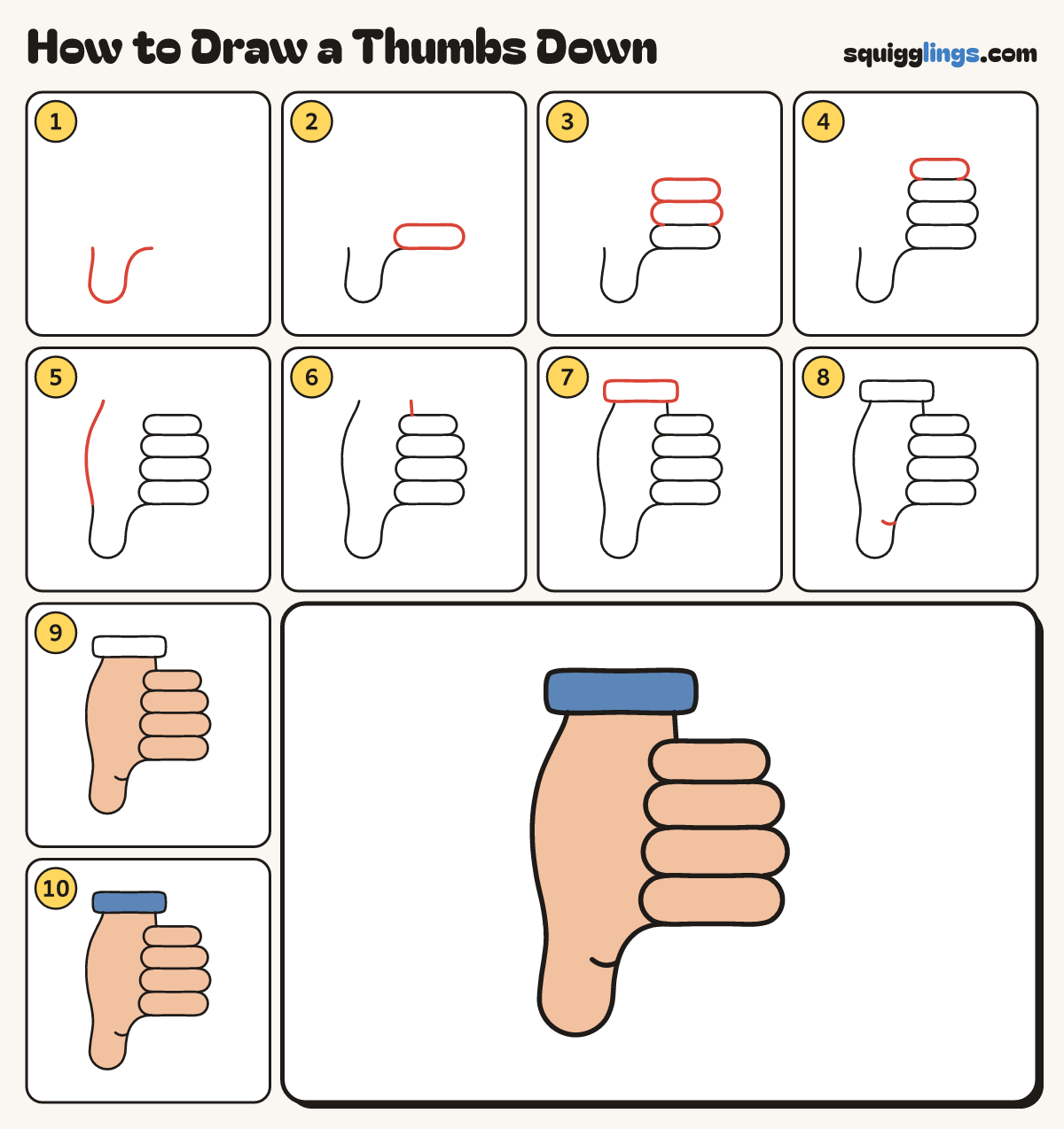 How to Draw a Thumbs Down step by step: all 10 steps in one picture