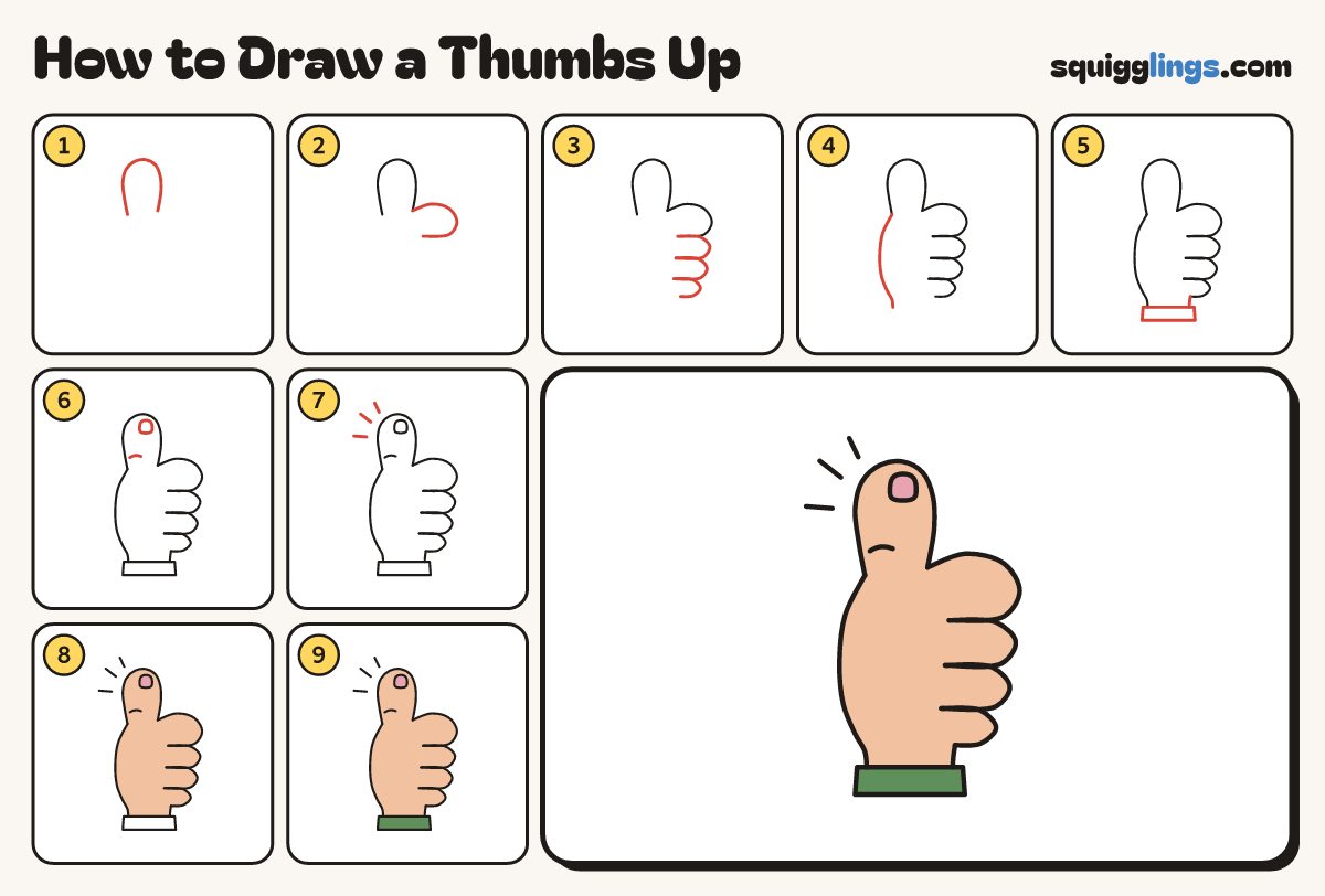 How to Draw a Thumbs Up step by step: all 9 steps in one picture
