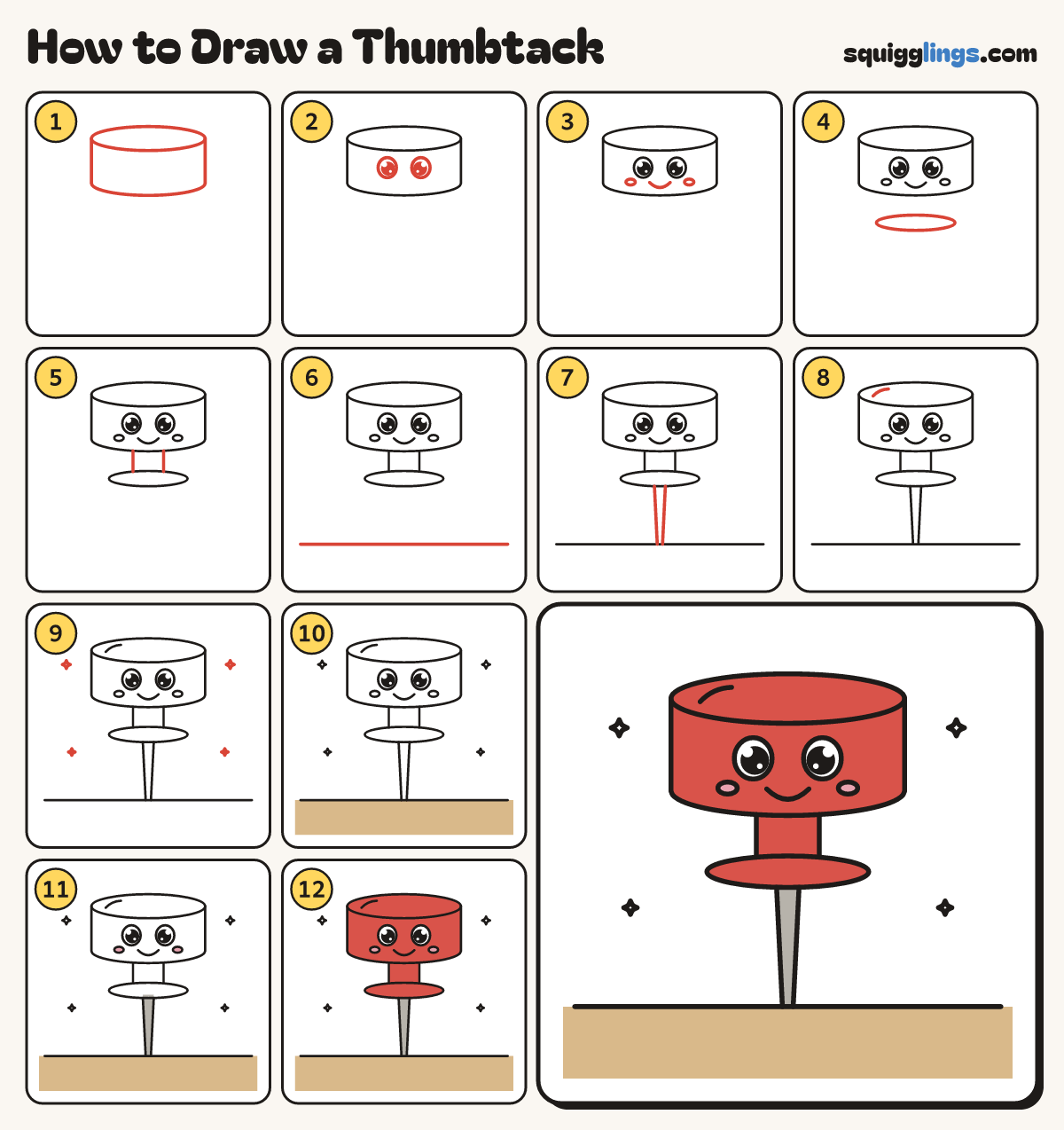 How to Draw a Thumbtack step by step: all 12 steps in one picture