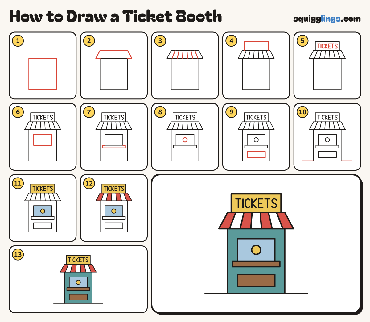 How to Draw a Ticket Booth step by step: all 13 steps in one picture