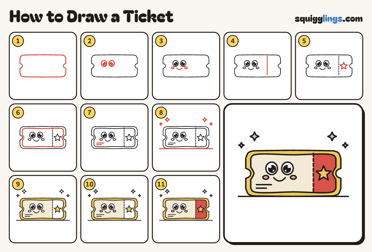How to Draw a Ticket step by step: all 11 steps in one picture