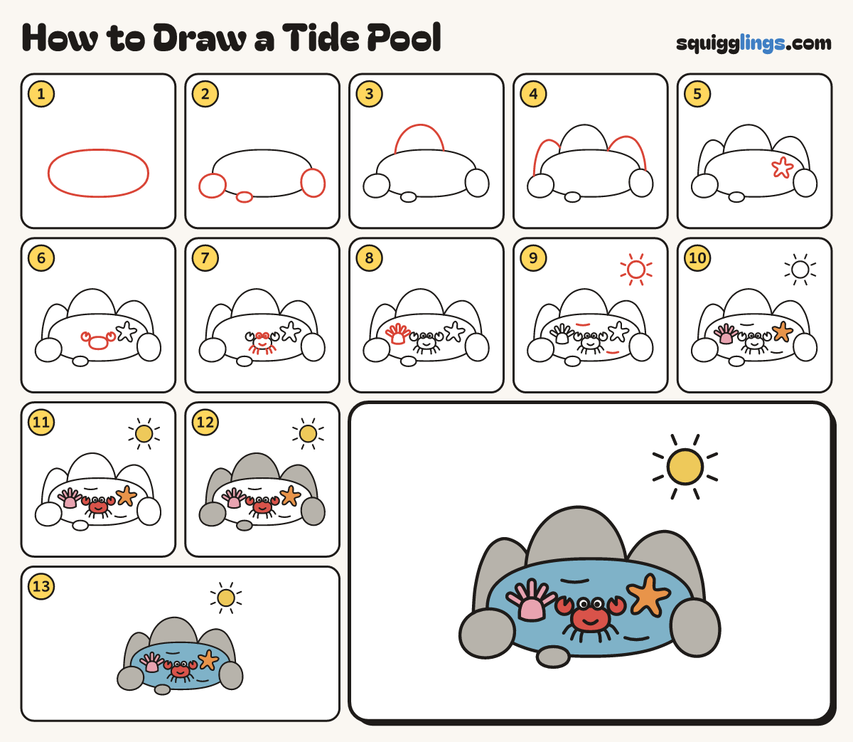 How to Draw a Tide Pool step by step: all 13 steps in one picture