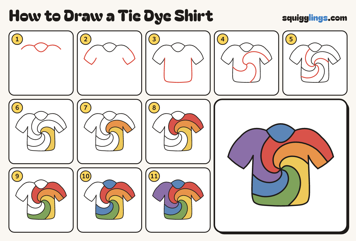 How to Draw a Tie Dye Shirt step by step: all 11 steps in one picture