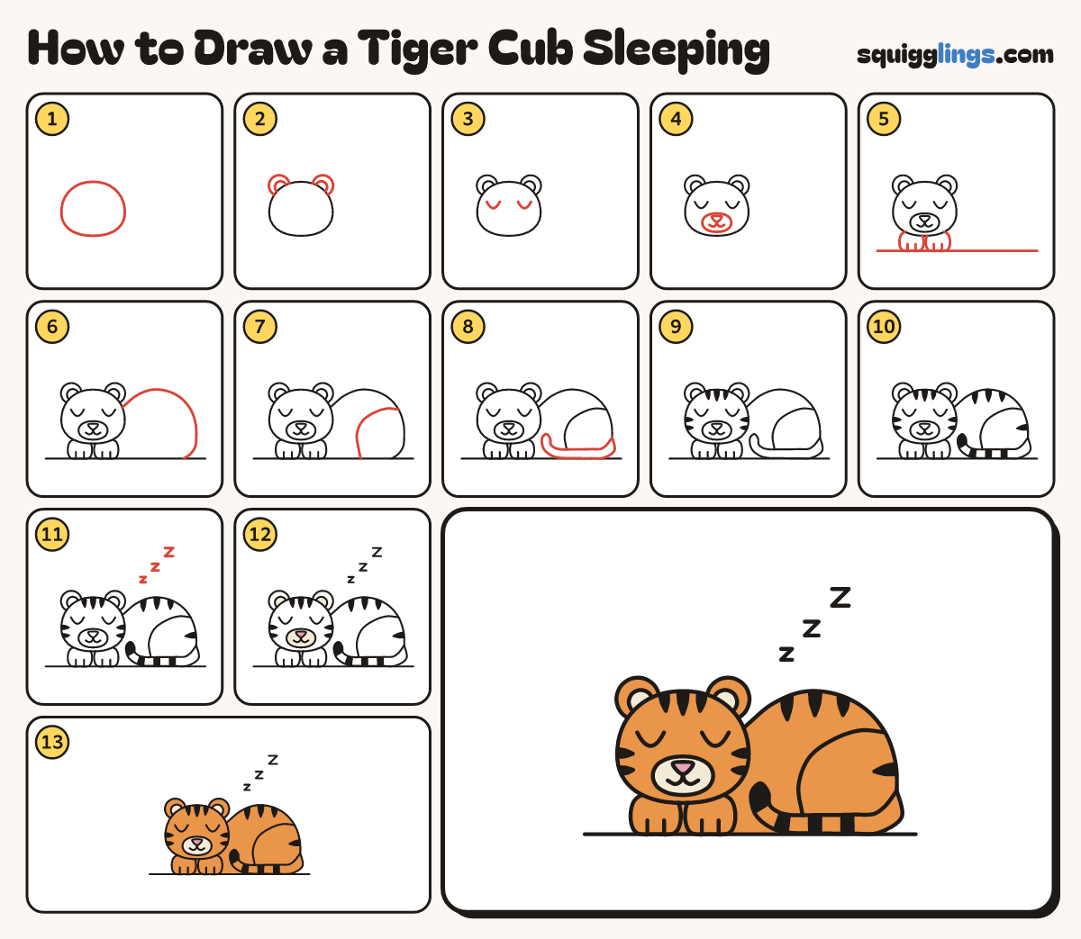 How to Draw a Tiger Cub Sleeping step by step: all 13 steps in one picture