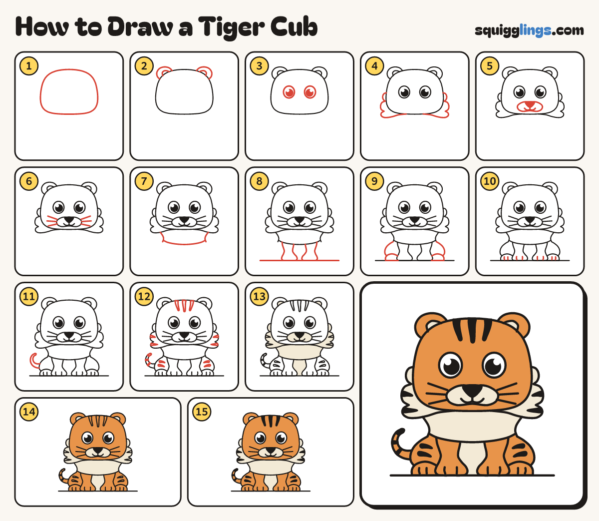 How to Draw a Tiger Cub step by step: all 15 steps in one picture