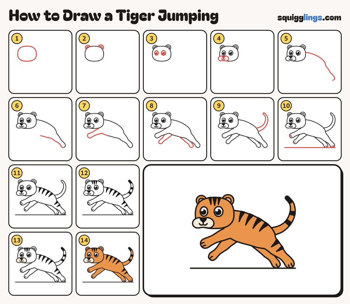 How to Draw a Tiger Jumping step by step: all 14 steps in one picture
