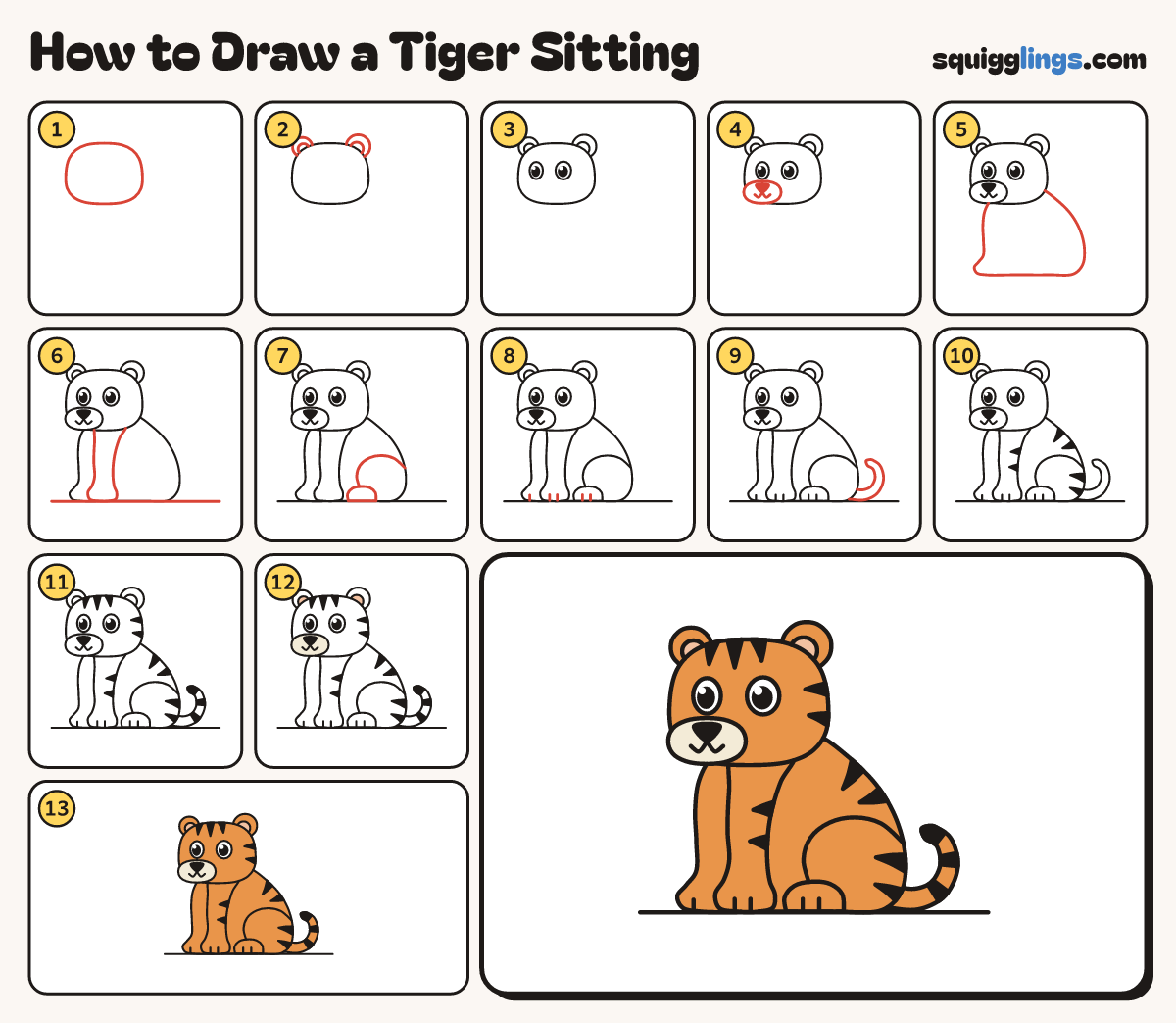 How to Draw a Tiger Sitting step by step: all 13 steps in one picture