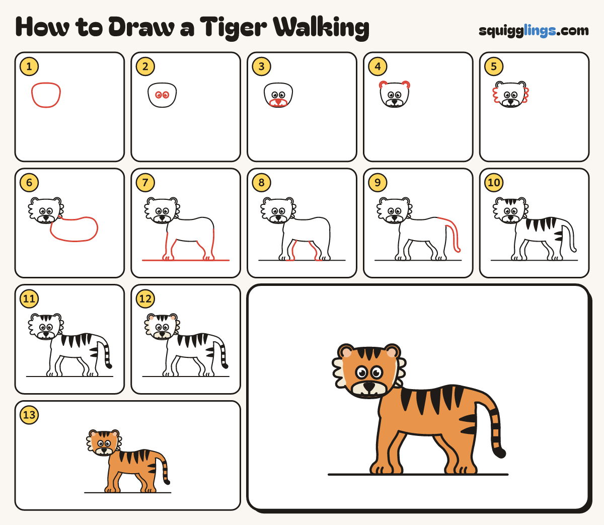 How to Draw a Tiger Walking step by step: all 13 steps in one picture