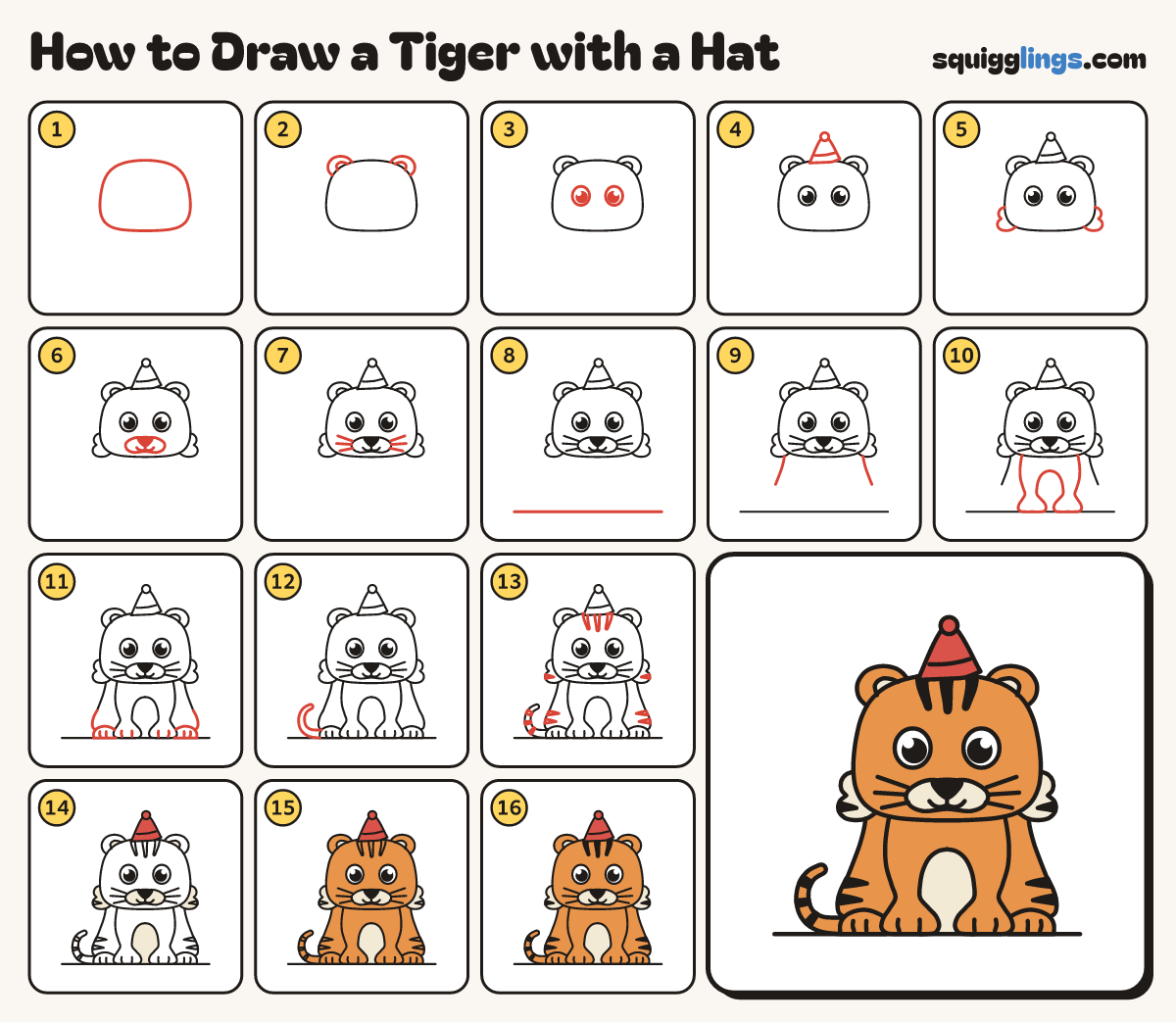 How to Draw a Tiger with a Hat step by step: all 16 steps in one picture