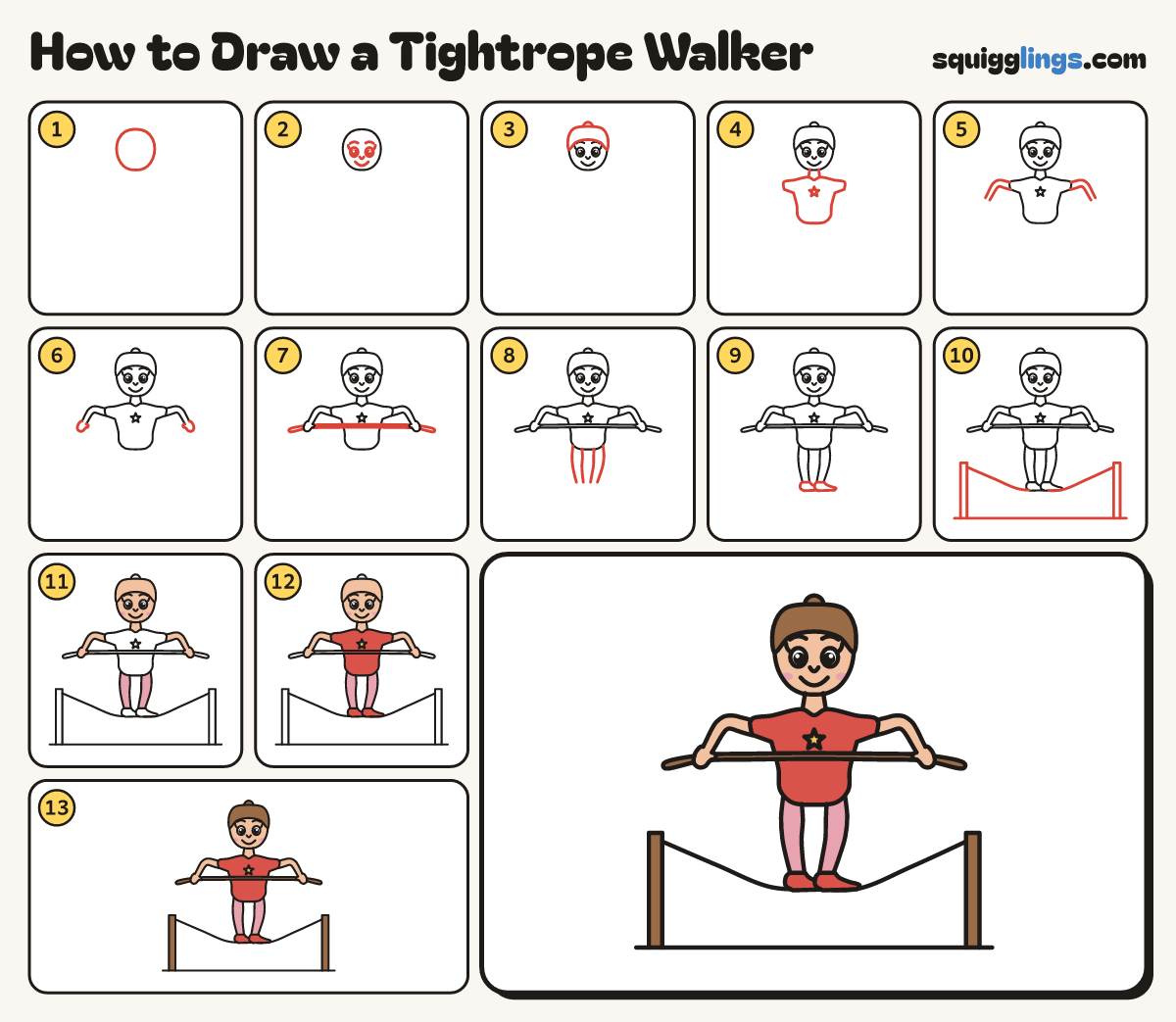 How to Draw a Tightrope Walker step by step: all 13 steps in one picture