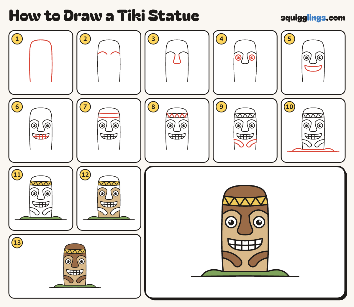 How to Draw a Tiki Statue step by step: all 13 steps in one picture