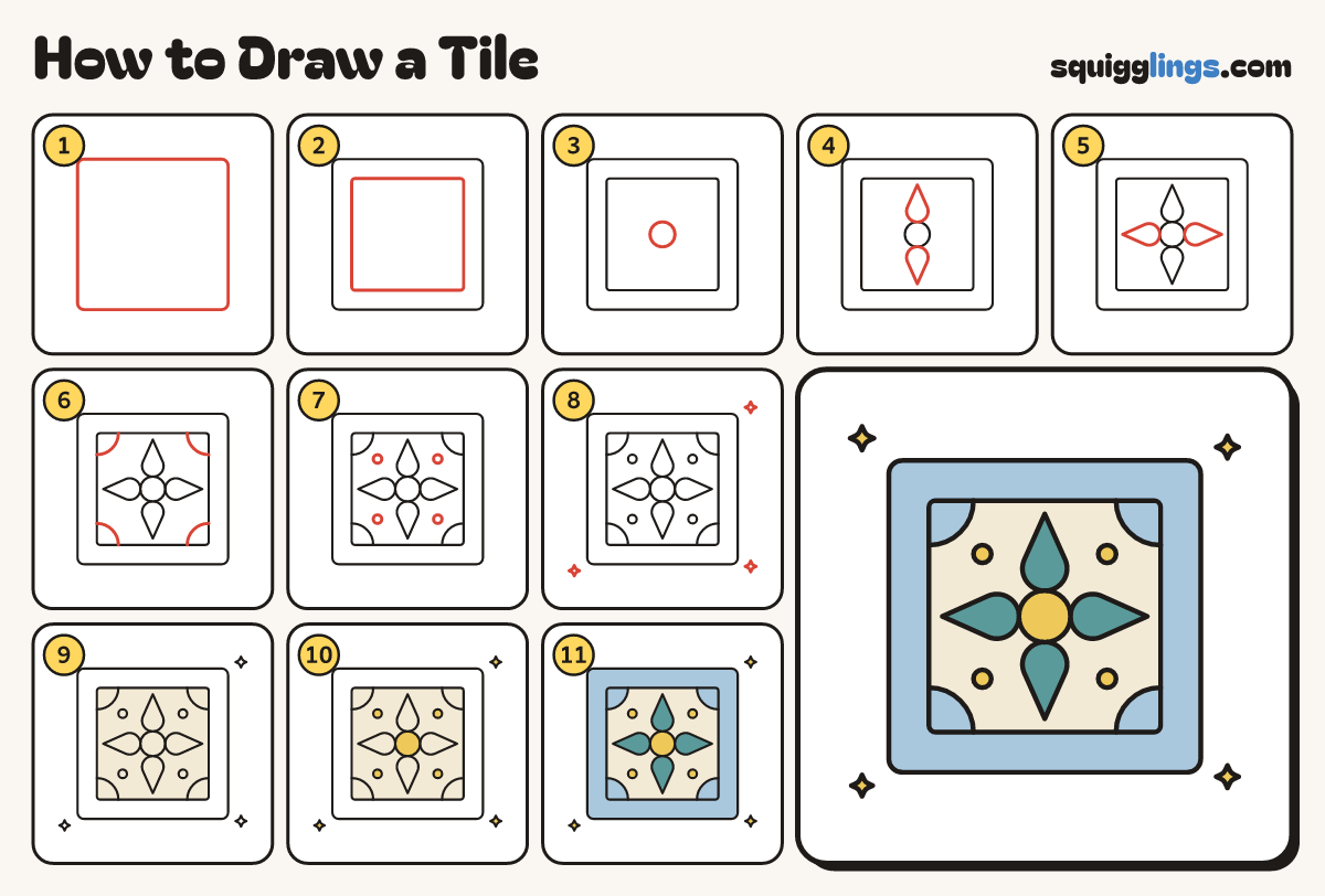 How to Draw a Tile step by step: all 11 steps in one picture