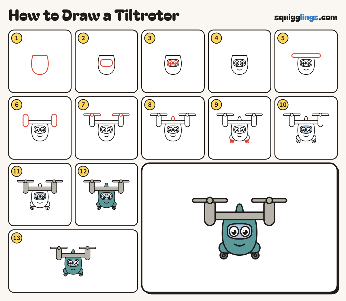 How to Draw a Tiltrotor step by step: all 13 steps in one picture