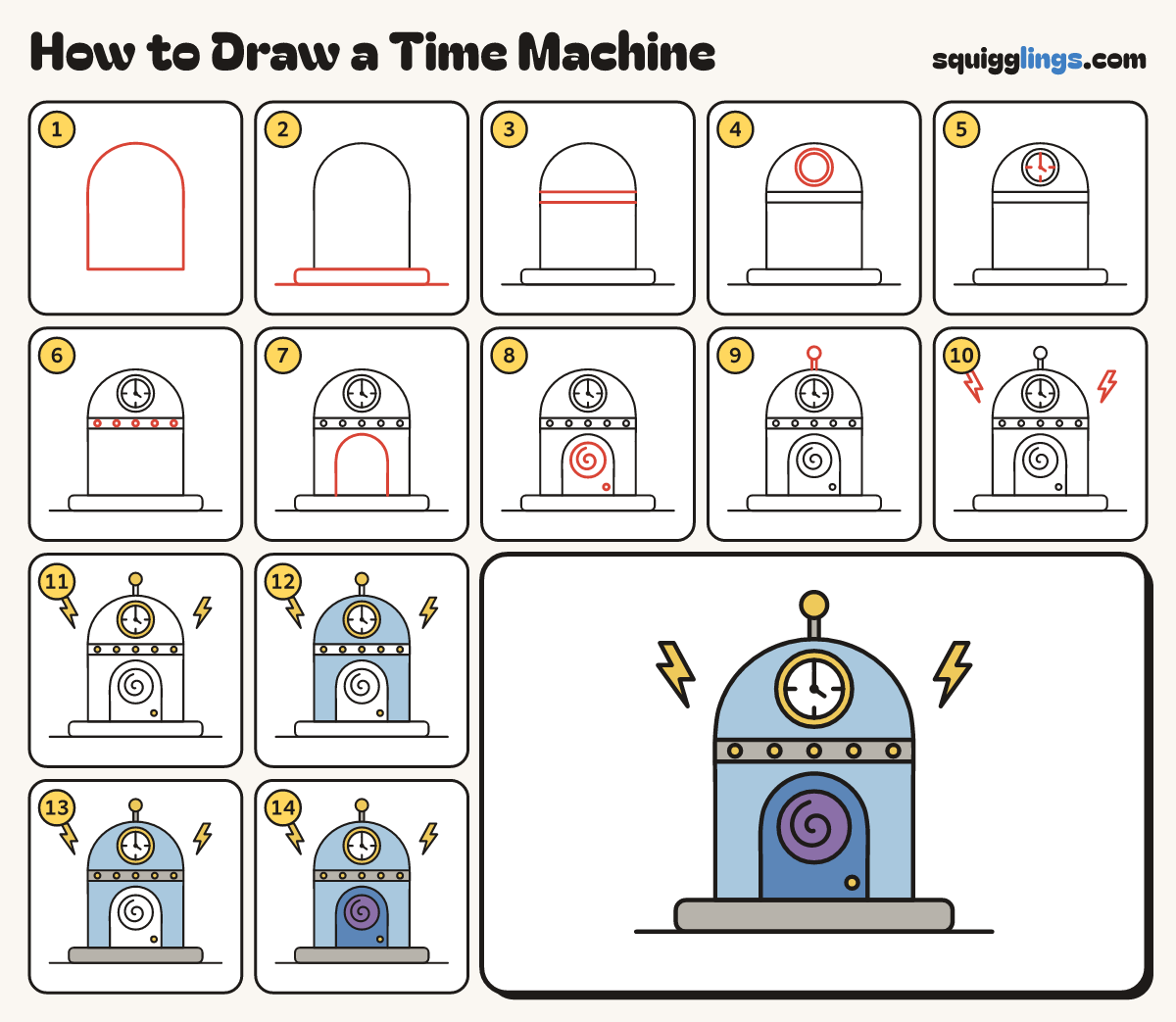 How to Draw a Time Machine step by step: all 14 steps in one picture
