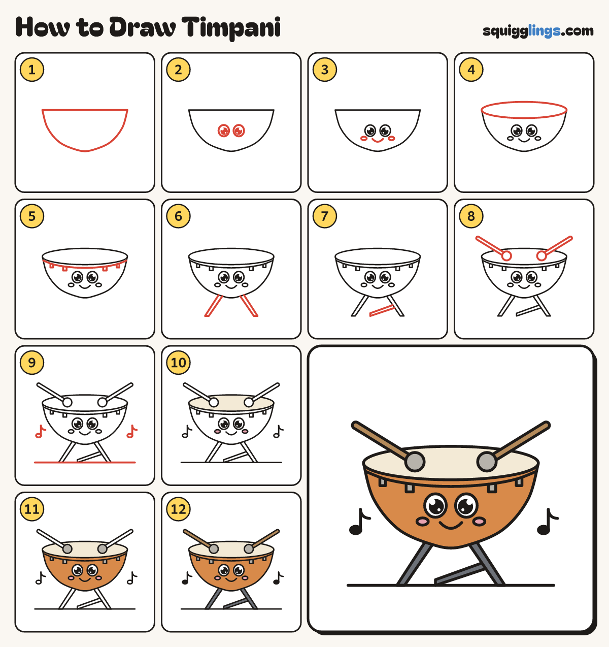 How to Draw Timpani step by step: all 12 steps in one picture