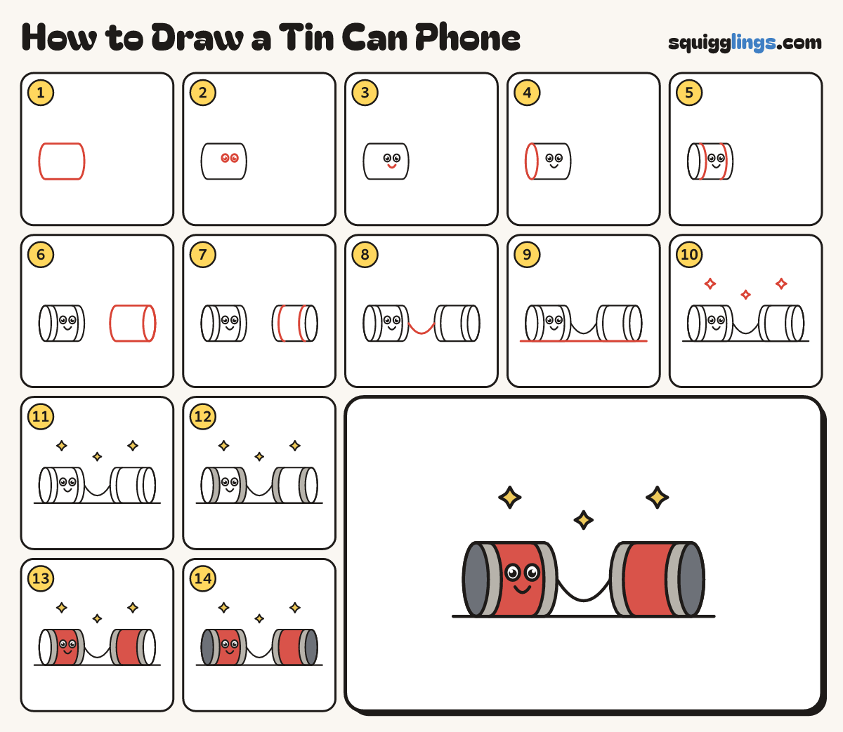 How to Draw a Tin Can Phone step by step: all 14 steps in one picture