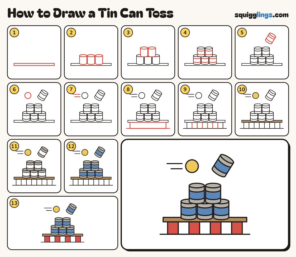 How to Draw a Tin Can Toss step by step: all 13 steps in one picture