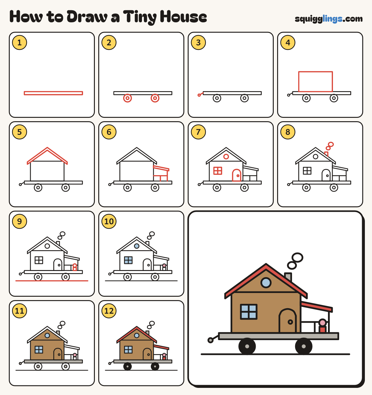 How to Draw a Tiny House step by step: all 12 steps in one picture
