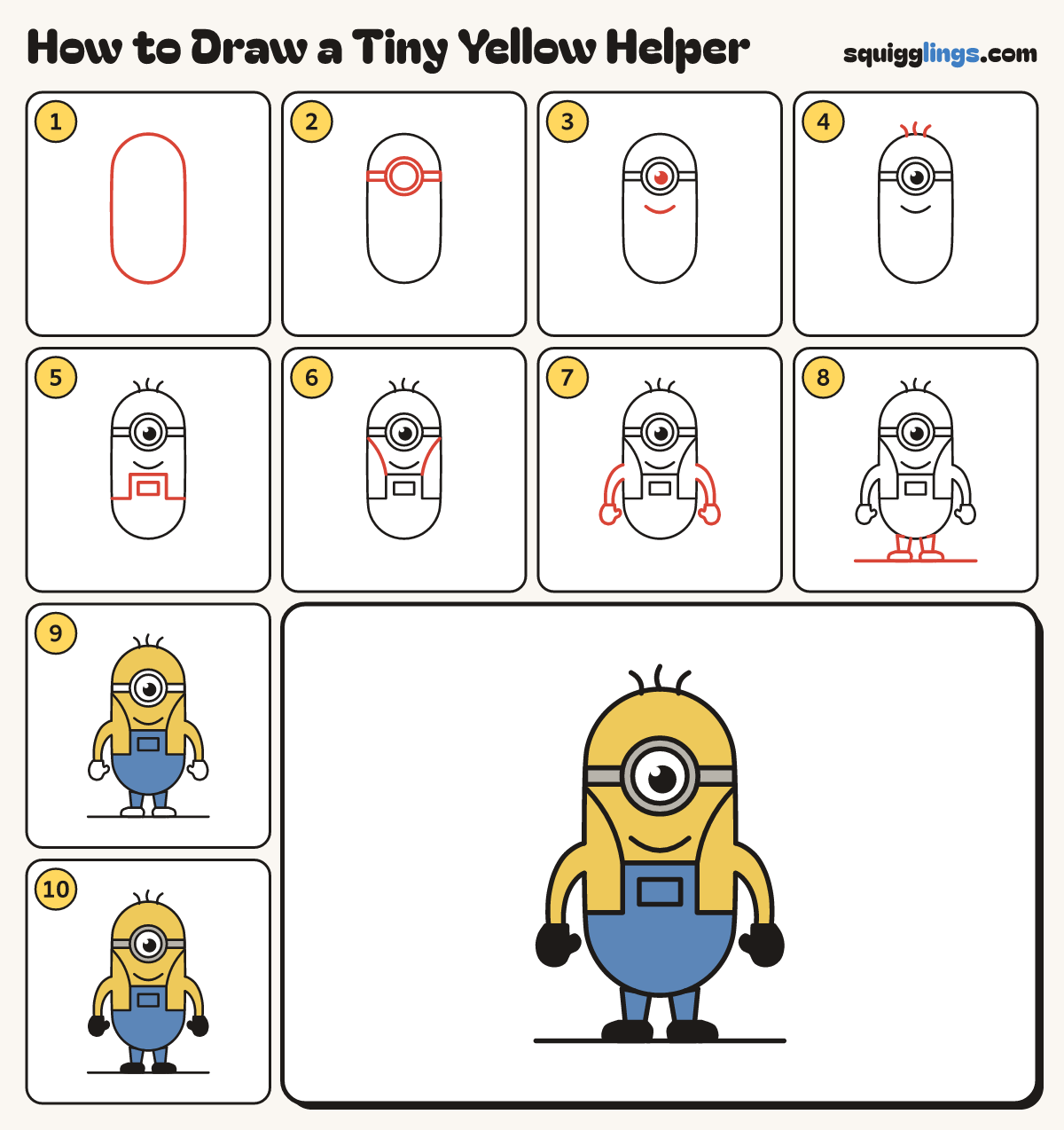 How to Draw a Tiny Yellow Helper step by step: all 10 steps in one picture