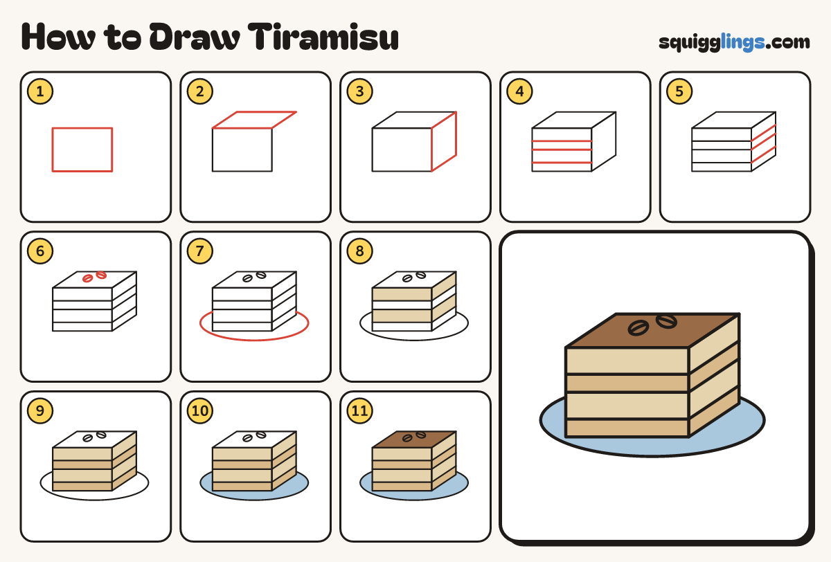 How to Draw Tiramisu step by step: all 11 steps in one picture