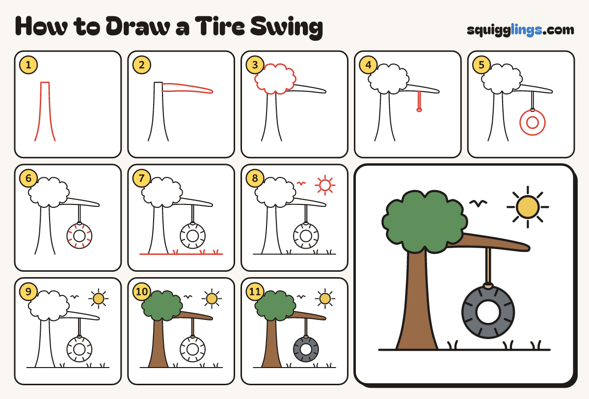 How to Draw a Tire Swing step by step: all 11 steps in one picture