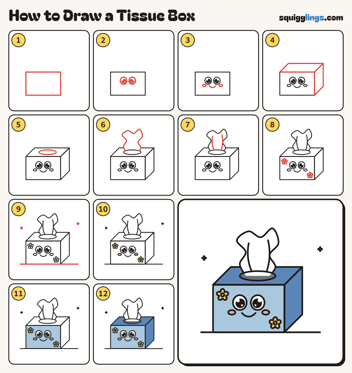 How to Draw a Tissue Box step by step: all 12 steps in one picture