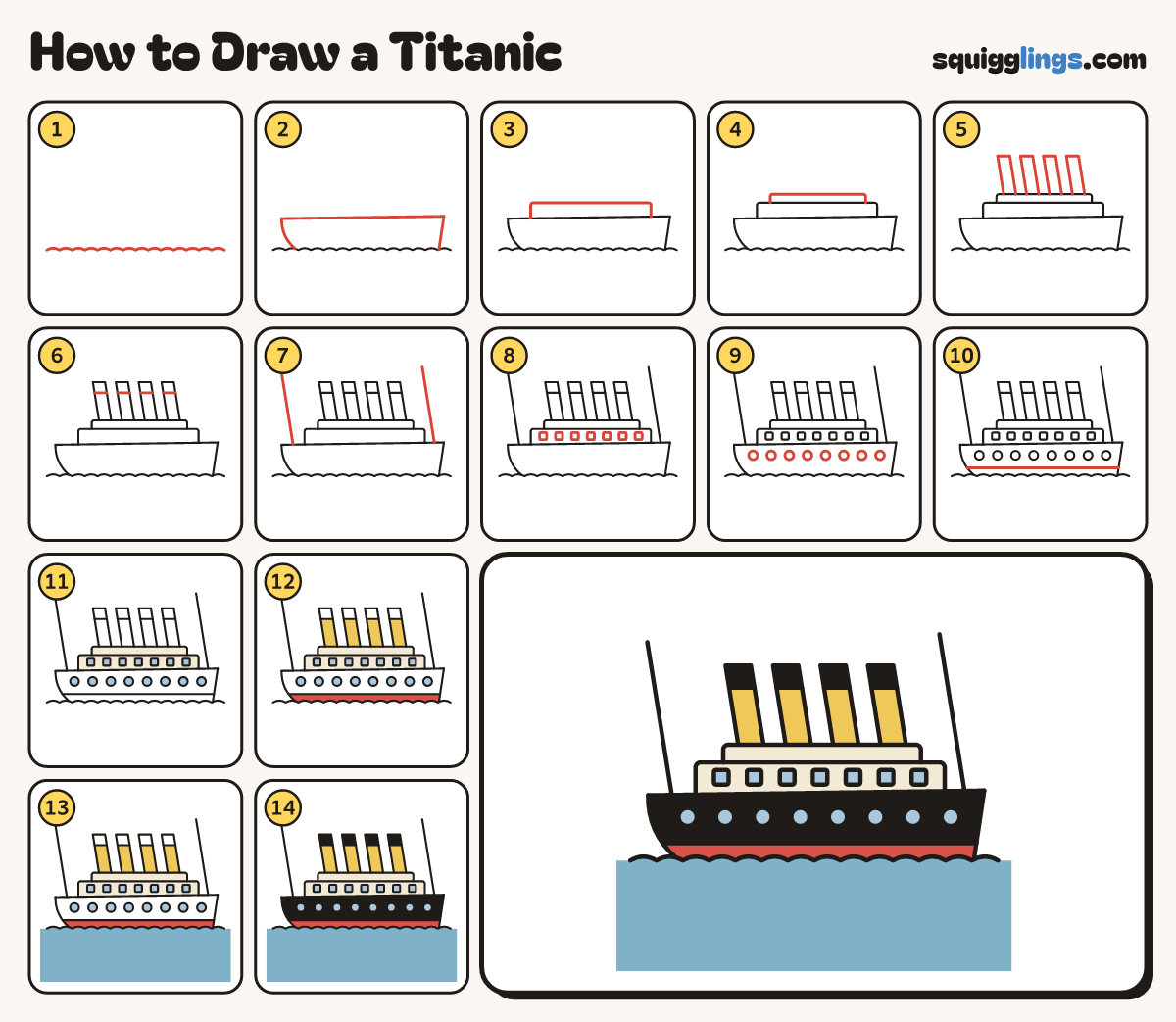 How to Draw a Titanic step by step: all 14 steps in one picture