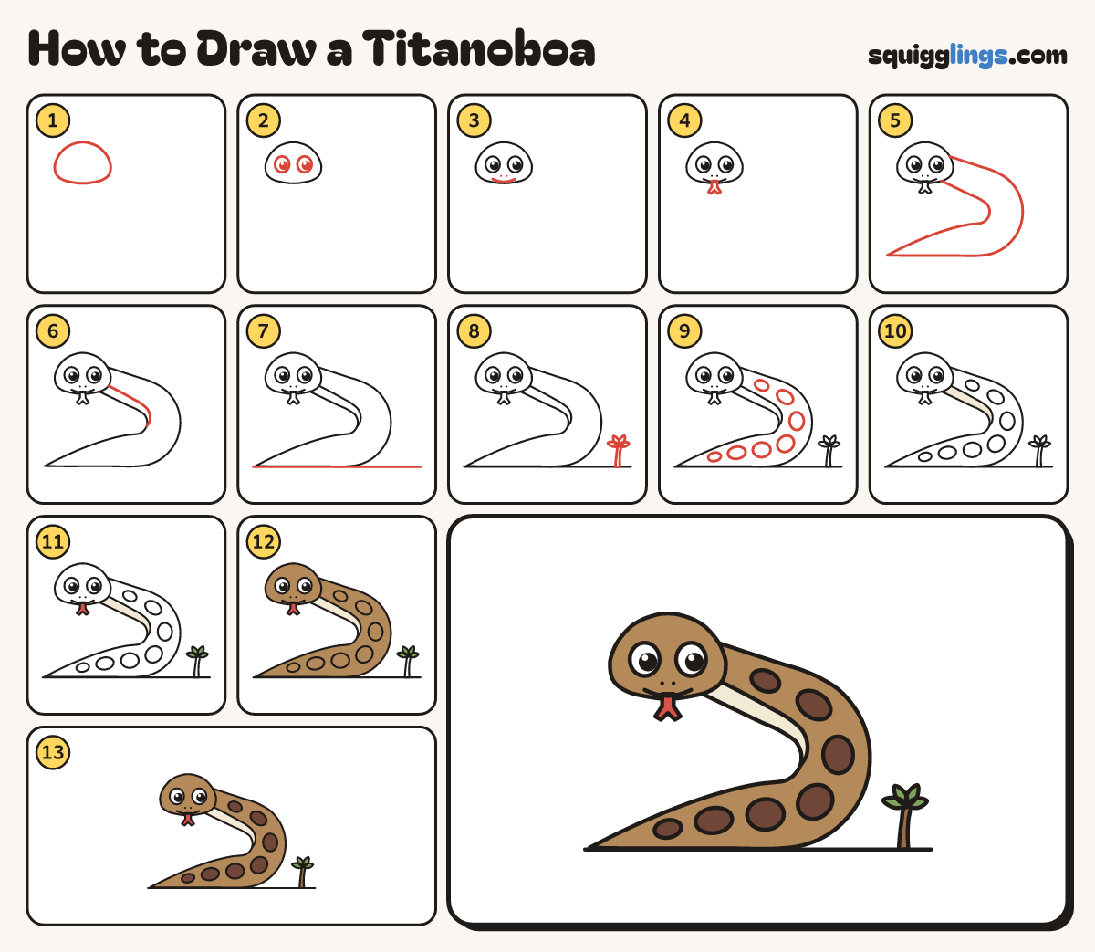How to Draw a Titanoboa step by step: all 13 steps in one picture