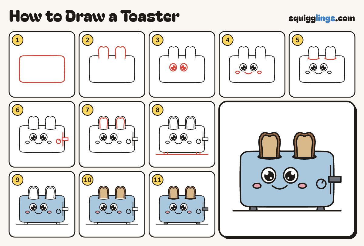 How to Draw a Toaster step by step: all 11 steps in one picture