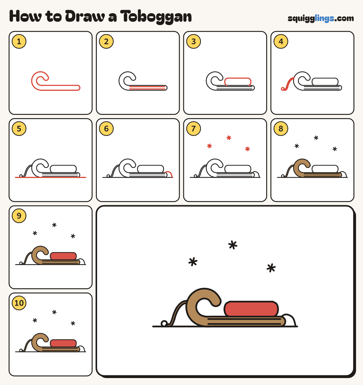 How to Draw a Toboggan step by step: all 10 steps in one picture