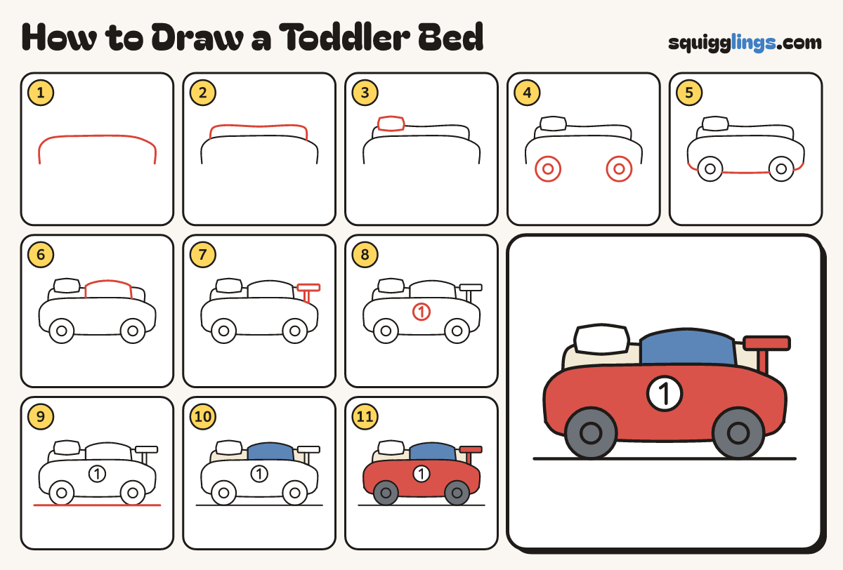 How to Draw a Toddler Bed step by step: all 11 steps in one picture