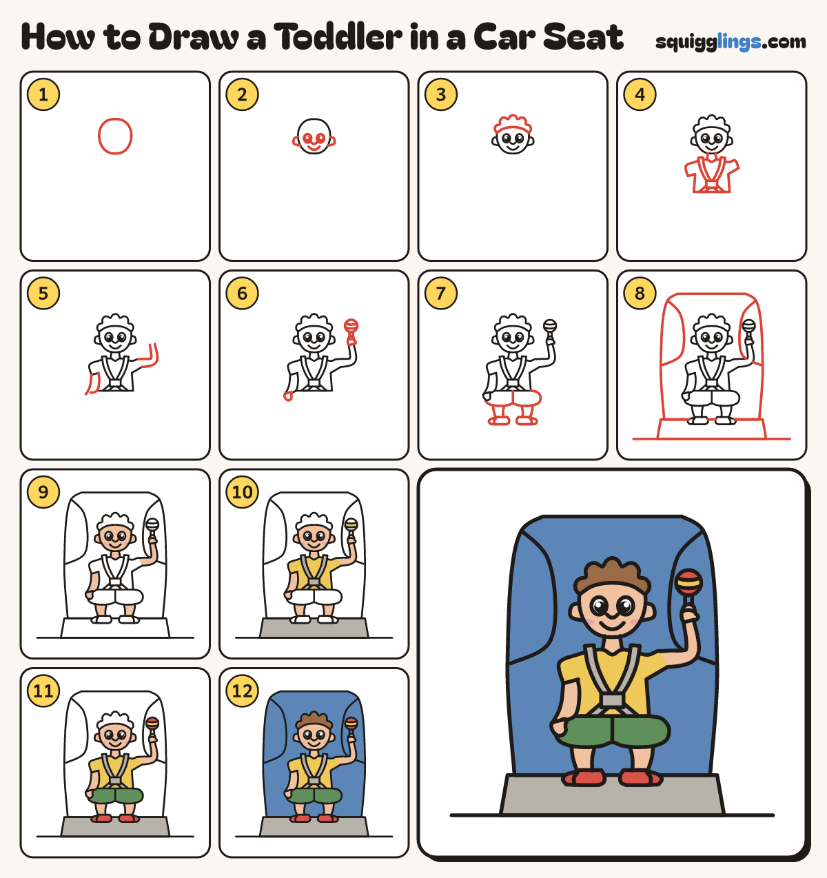 How to Draw a Toddler in a Car Seat step by step: all 12 steps in one picture