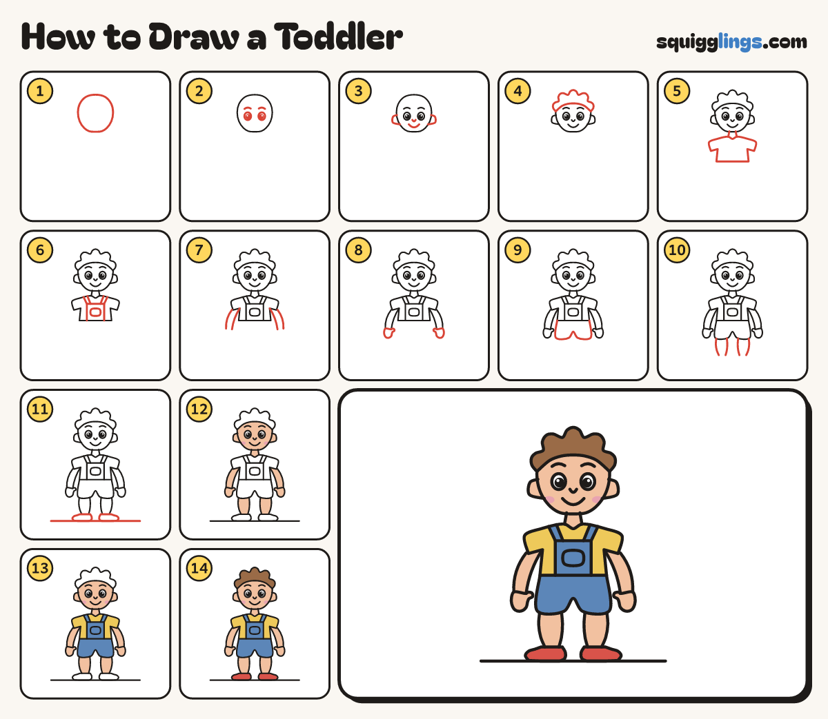 How to Draw a Toddler step by step: all 14 steps in one picture