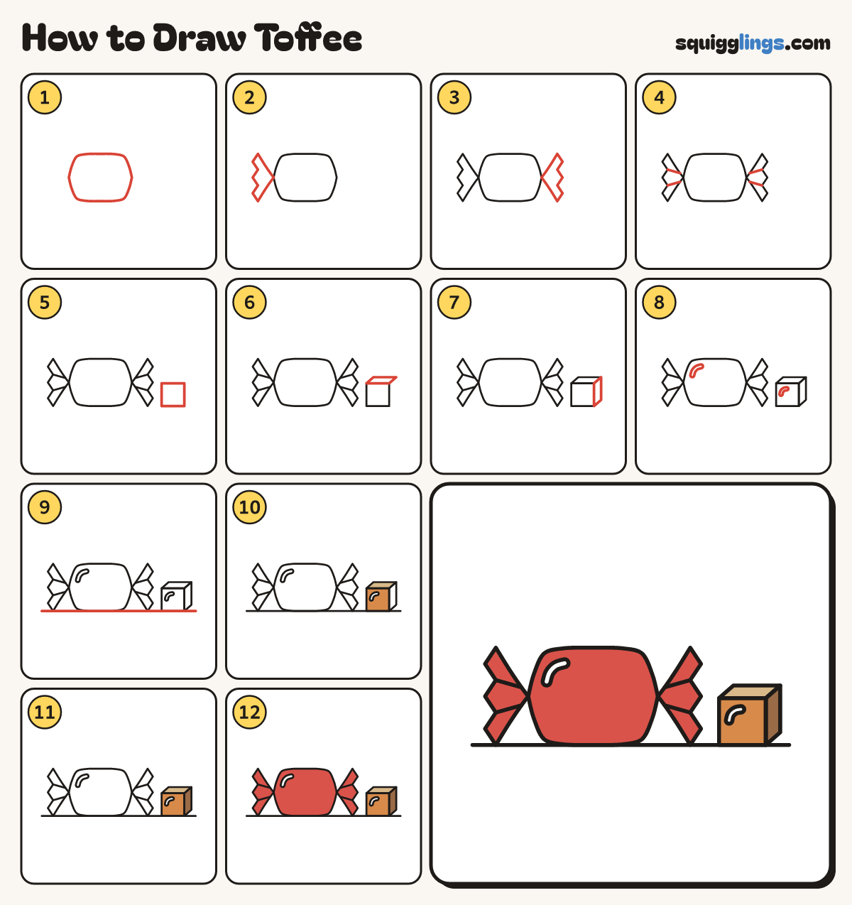How to Draw Toffee step by step: all 12 steps in one picture