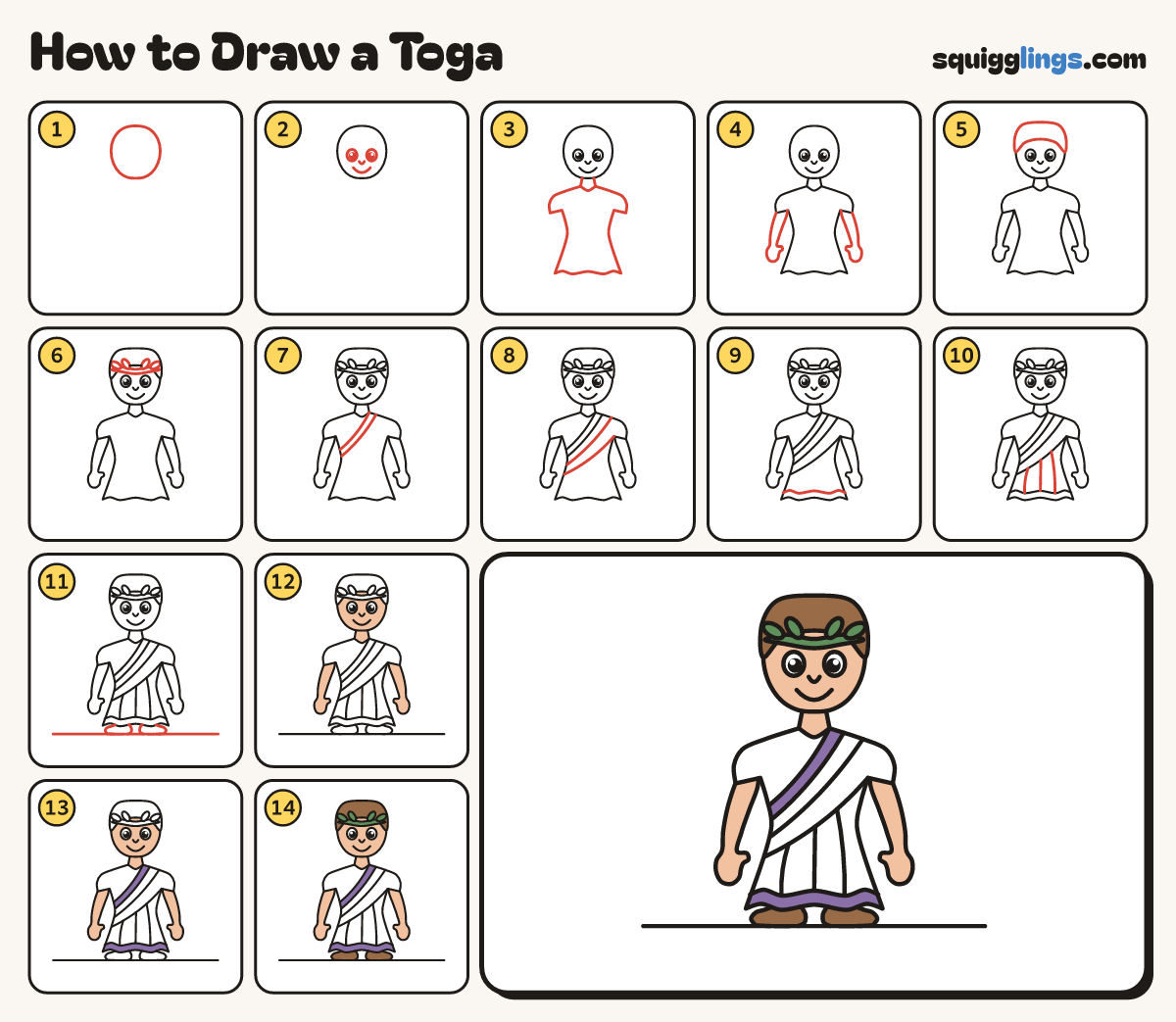 How to Draw a Toga step by step: all 14 steps in one picture